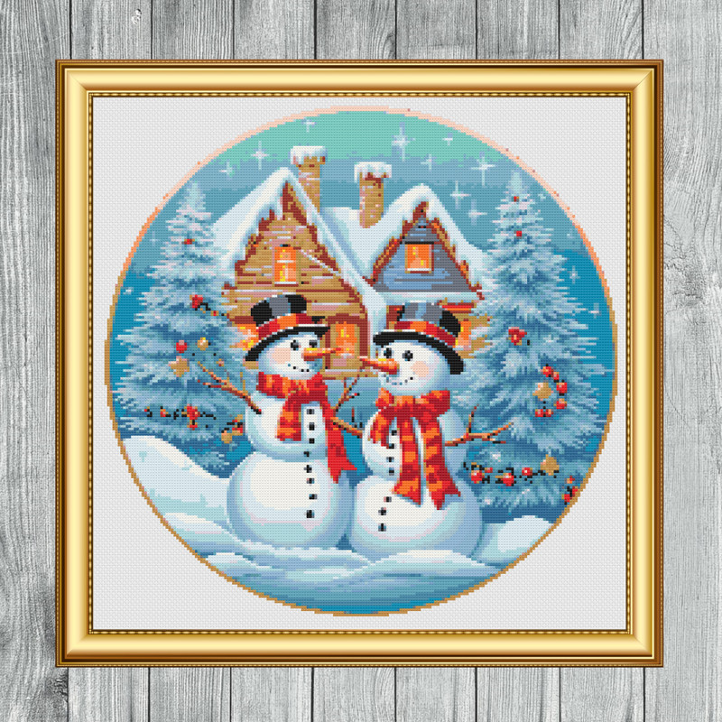 Winter Snowmen Cross Stitch Gold Frame.jpg