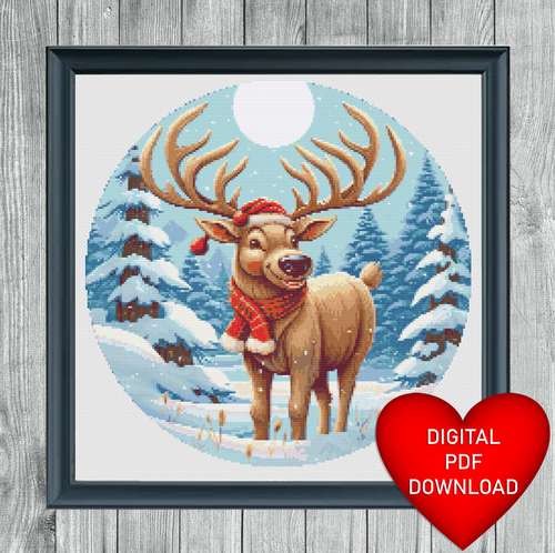 Cross Stitch Pattern, Christmas Reindeer, Winter Snow, Instant PDF Download, X Stitching, Embroidery, DMC Floss Threads
