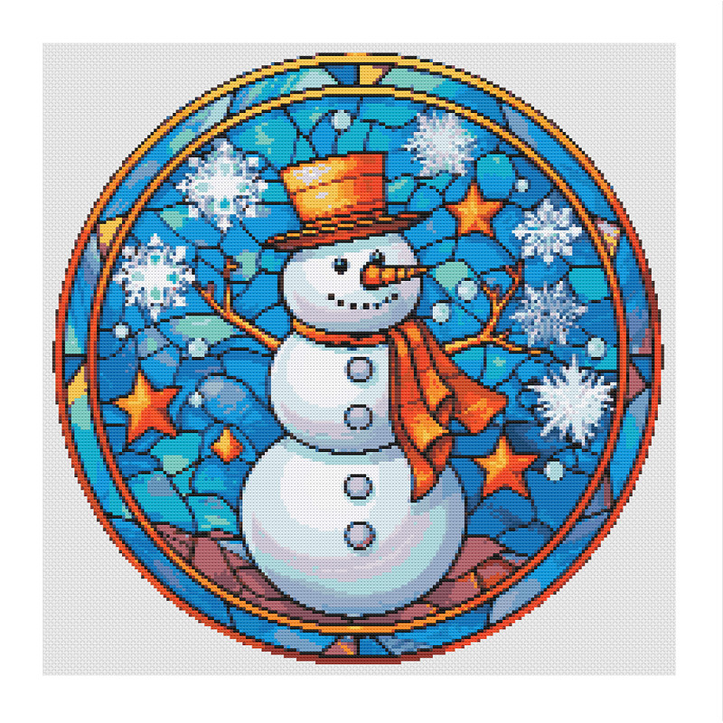 Stained Glass Style Snowing Snowman Cross Stitch.jpg