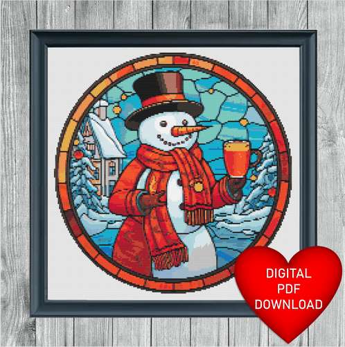 Cross Stitch Pattern, Stained Glass Style Snowman with Mulled Wine, Instant PDF Download, X Stitching, DMC Floss Threads
