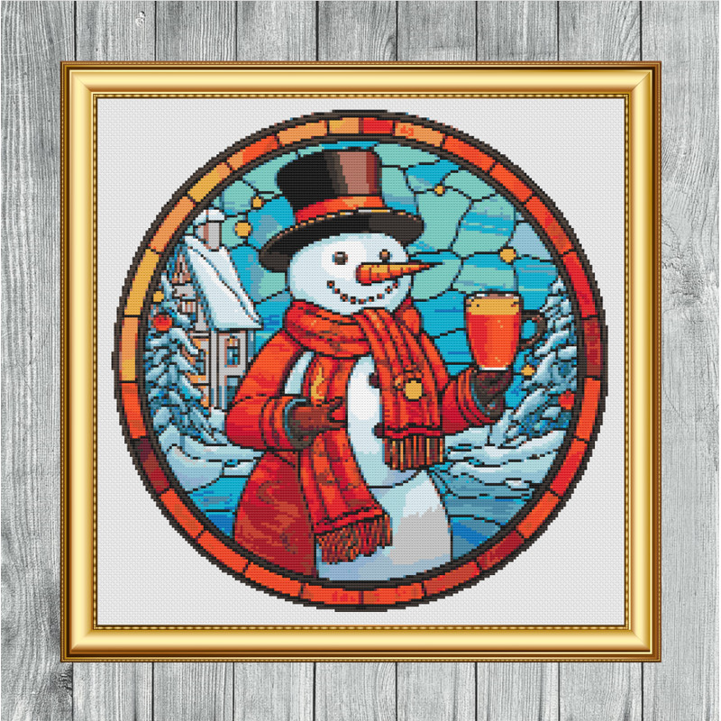 Stained Glass Style Snowman Mulled Wine Cross Stitch Gold Frame.jpg