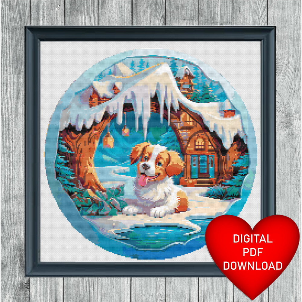 Dog in Snow Cross Stitch Blue Heart Frame.jpg