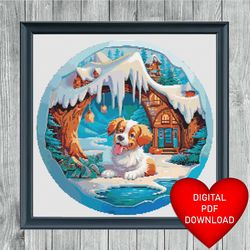 cross stitch pattern, dog in snow winter scene, instant pdf download, x stitching, embroidery, dmc floss threads
