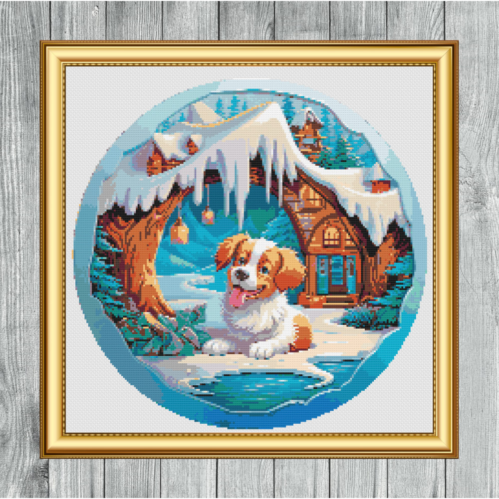 Dog in Snow Cross Stitch Gold Frame.jpg