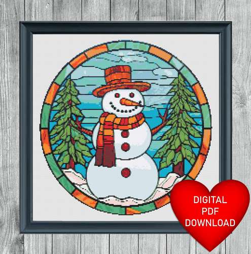 Cross Stitch Pattern, Stained Glass Style Snowman, Instant PDF Download, X Stitching, Embroidery, DMC Floss Threads