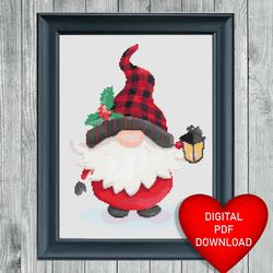 christmas lantern gnome cross stitch pattern, instant pdf download, x stitching, 14ct aida, embroidery, dmc threads