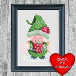 christmas present gnome cross stitch pattern, instant pdf download, x stitching, 14ct aida, embroidery, dmc threads