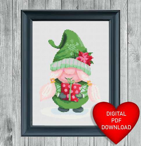 Christmas Present Gnome Cross Stitch Pattern, Instant PDF Download, X Stitching, 14ct Aida, Embroidery, DMC Threads