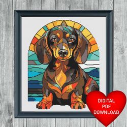 cross stitch pattern, brown dachshund dog stained glass style, instant pdf download, x stitch, embroidery, dmc floss