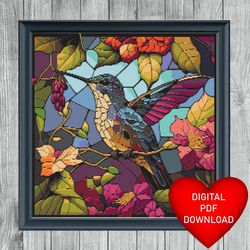 cross stitch pattern square stained glass window hummingbird art, instant pdf download, x stitch, embroidery, dmc floss