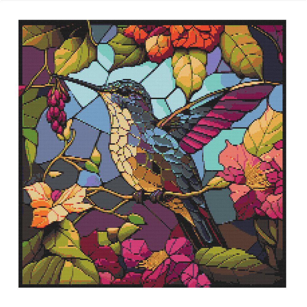 Square Stained Glass Window Hummingbird Cross Stitch.jpg