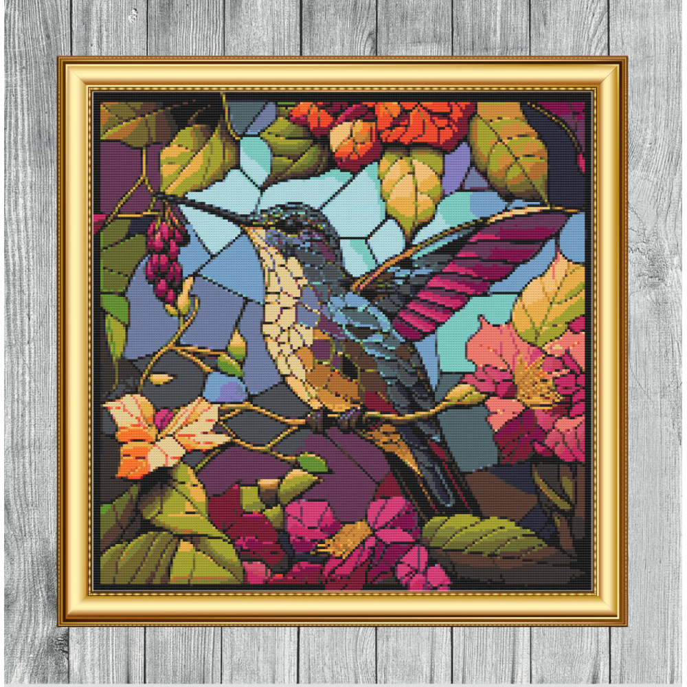 Square Stained Glass Window Hummingbird Cross Stitch Gold Frame.jpg