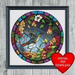 cross stitch pattern hummingbird stained glass window art, instant pdf download, x stitch, embroidery, dmc floss threads