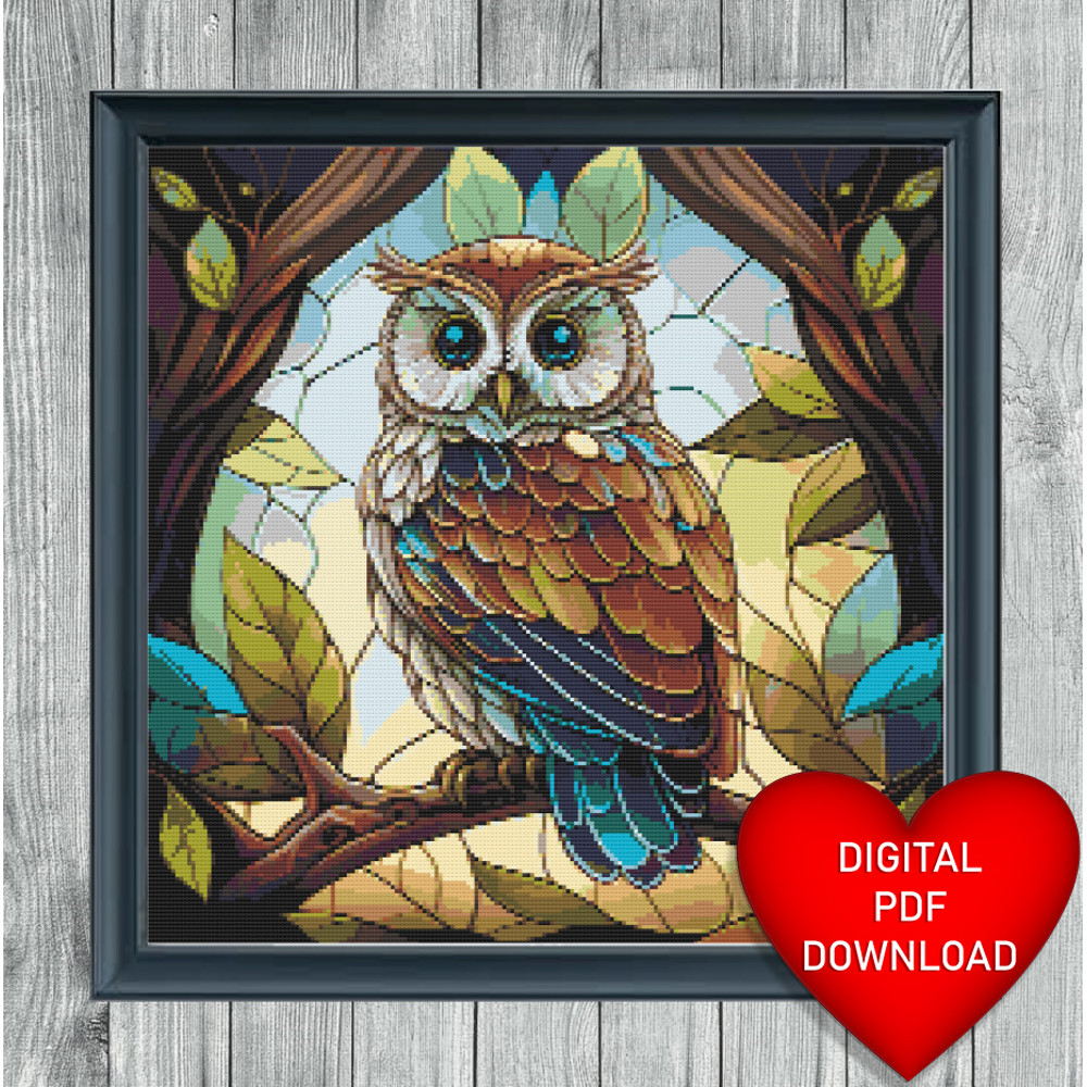 Owl Stained Glass Window Cross Stitch Blue Frame.jpg