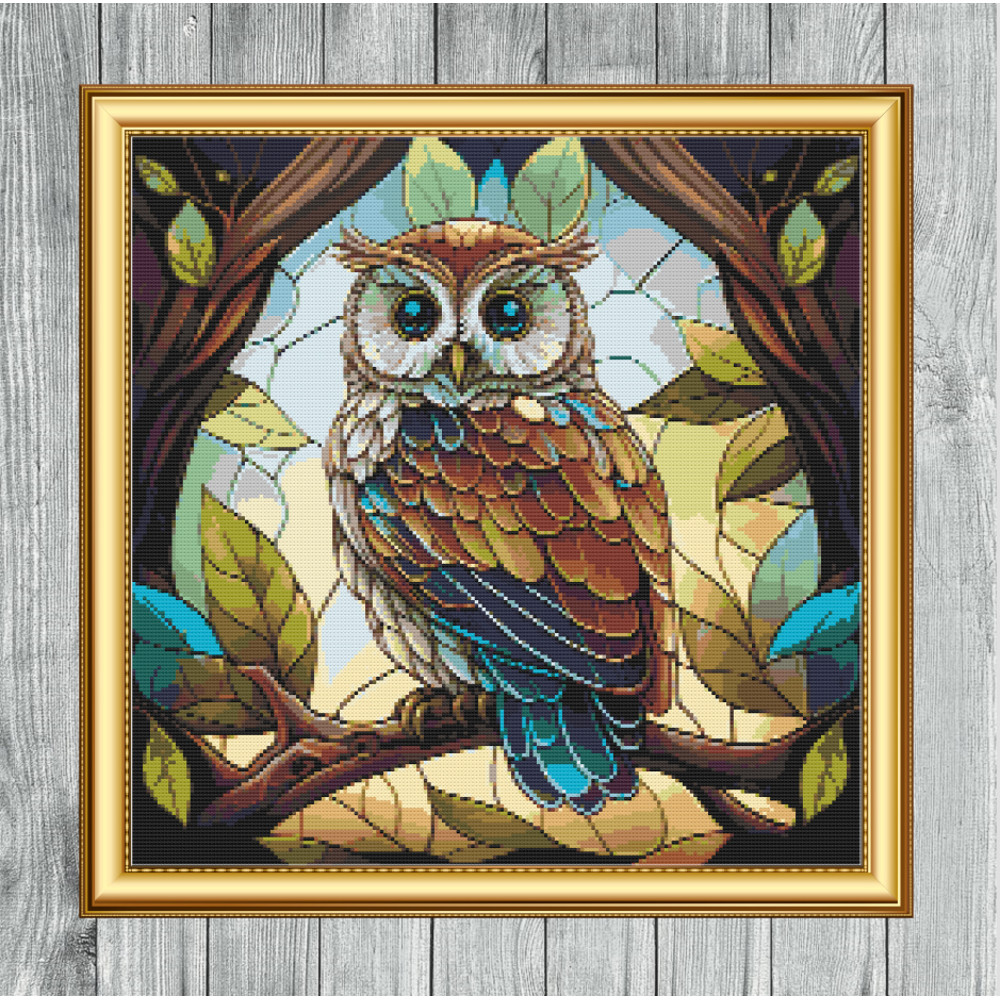 Owl Stained Glass Window Cross Stitch Gold Frame.jpg