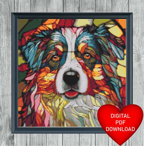 Colourful Dog in a Stained Glass Window Style Cross Stitch Pattern, Instant PDF Download, X Stitching, Embroidery, DMC