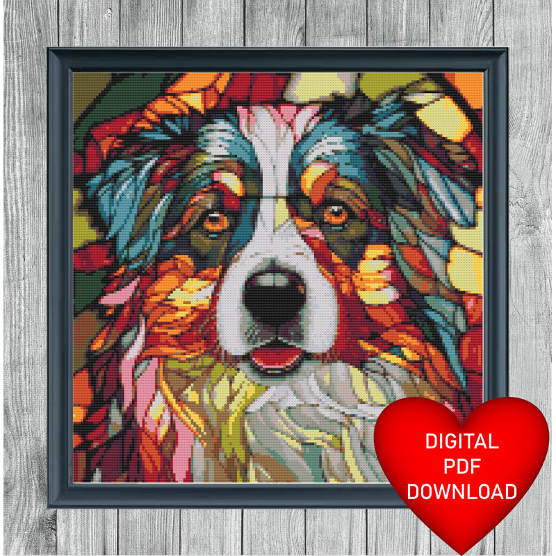 Colourful Dog Stained Glass Window Style Cross Stitch Blue Frame.jpg