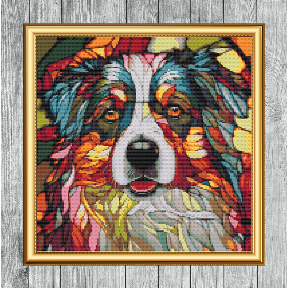 Colourful Dog Stained Glass Window Style Cross Stitch Gold Frame.jpg