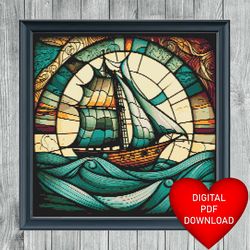 cross stitch pattern ship at sea stained glass window art, instant pdf download, 14ct aida, embroidery, dmc floss thread