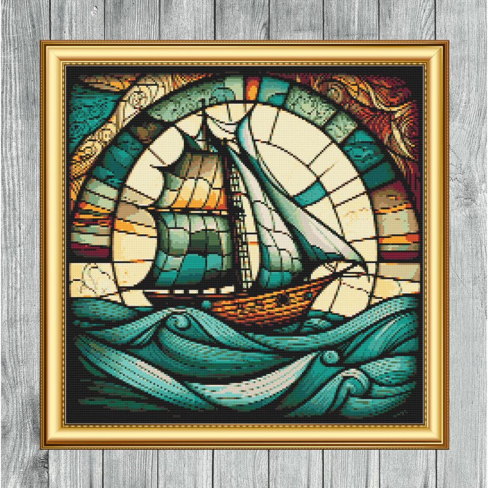 Ship at Sea Stained Glass Window Cross Stitch Gold Frame.jpg