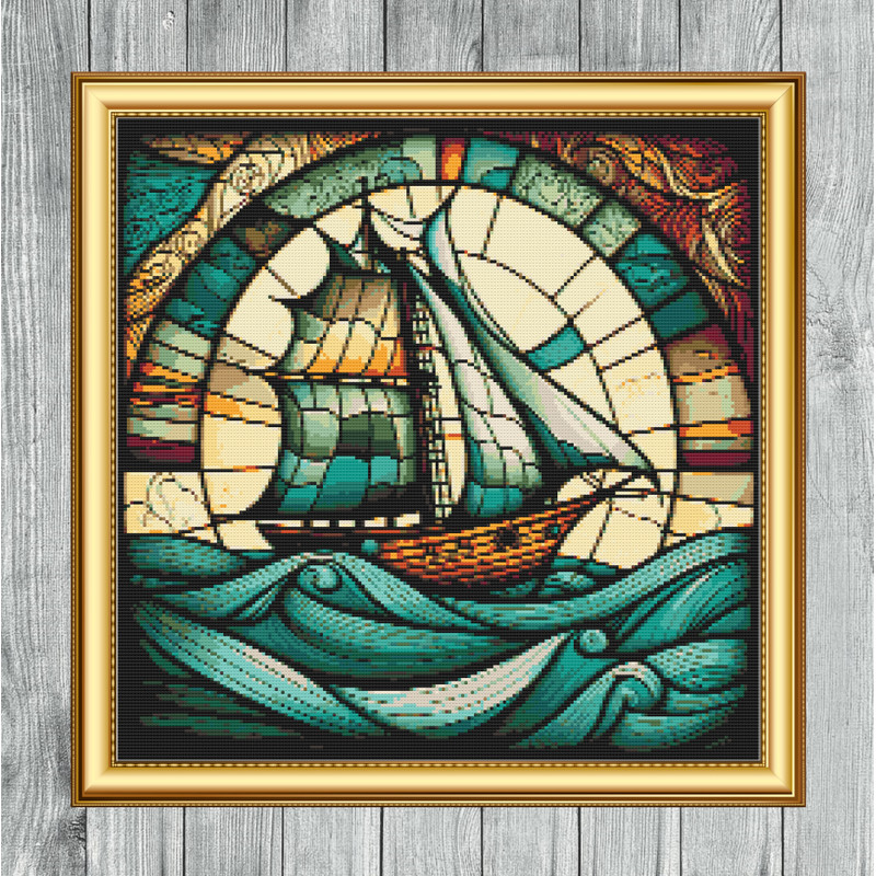 Ship at Sea Stained Glass Window Cross Stitch Gold Frame.jpg