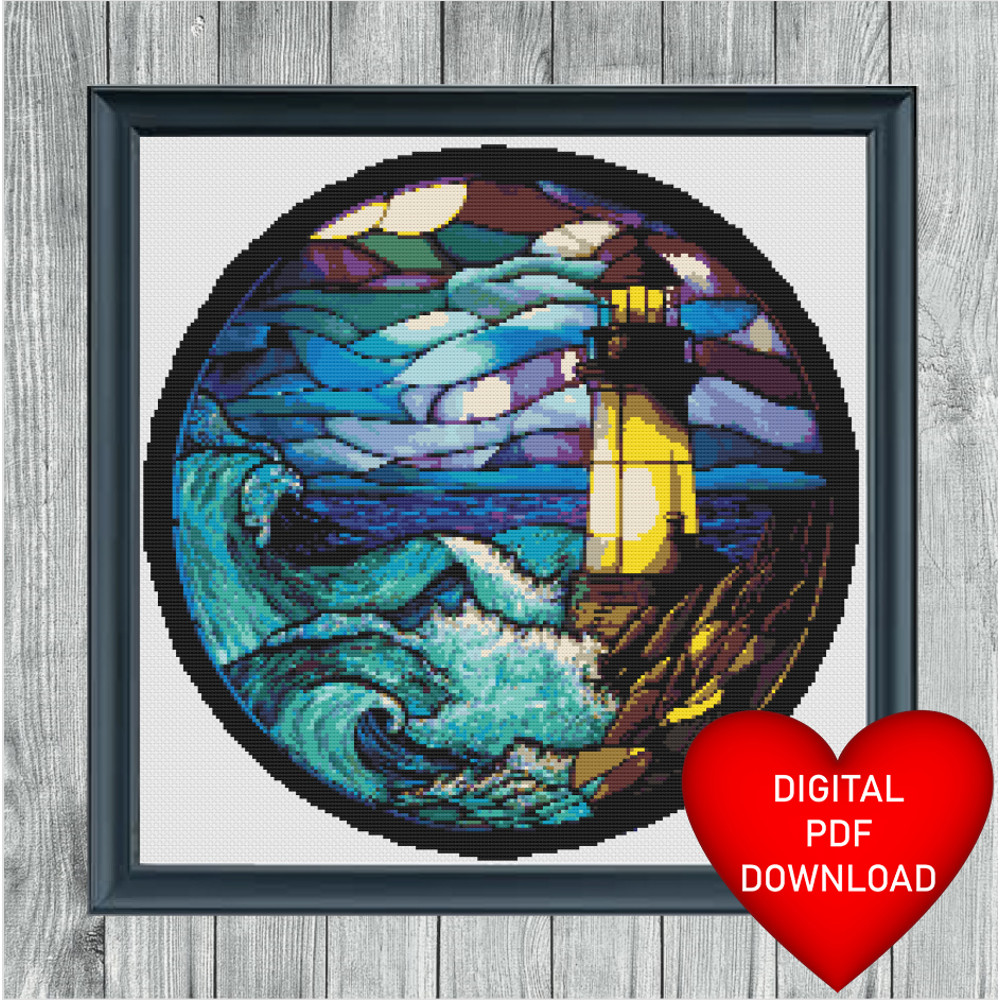 Light House Stained Glass Window Cross Stitch Blue Frame.jpg