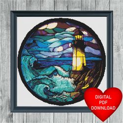 cross stitch pattern light house stained glass window, instant pdf download, 14ct aida, embroidery, dmc floss threads