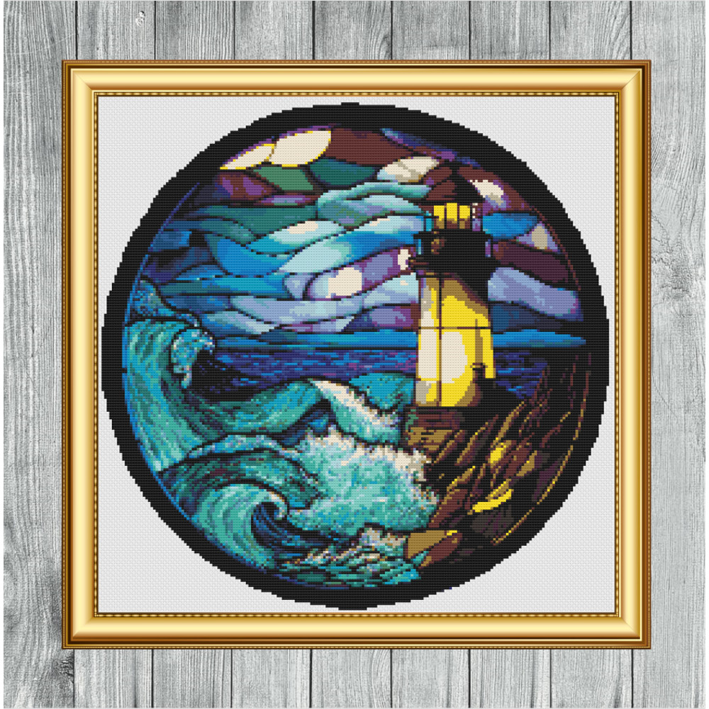 Light House Stained Glass Window Cross Stitch Gold Frame.jpg