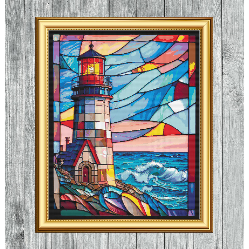 Lighthouse with Colourful Beach Stained Glass Cross Stitch Gold Frame.jpg