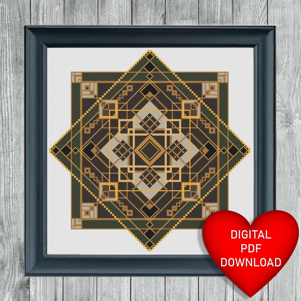 Art Deco Pattern 01 Cross Stitch Blue Heart Frame.jpg