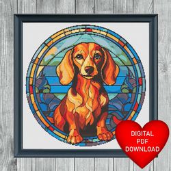 cross stitch pattern, stained glass style red dachshund dog, instant pdf download, x stitching, embroidery, dmc floss