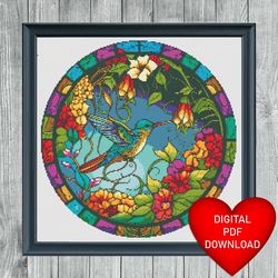 cross stitch pattern, stained glass style hummingbird, instant pdf download, embroidery, dmc floss threads, 14ct aida