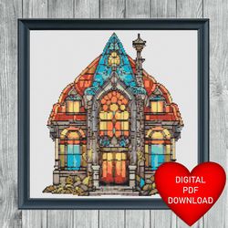 cross stitch pattern stained glass window style manor house, instant pdf download, 14ct aida, embroidery, dmc floss