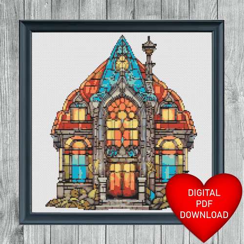Cross Stitch Pattern Stained Glass Window Style Manor House, Instant PDF Download, 14ct Aida, Embroidery, DMC Floss