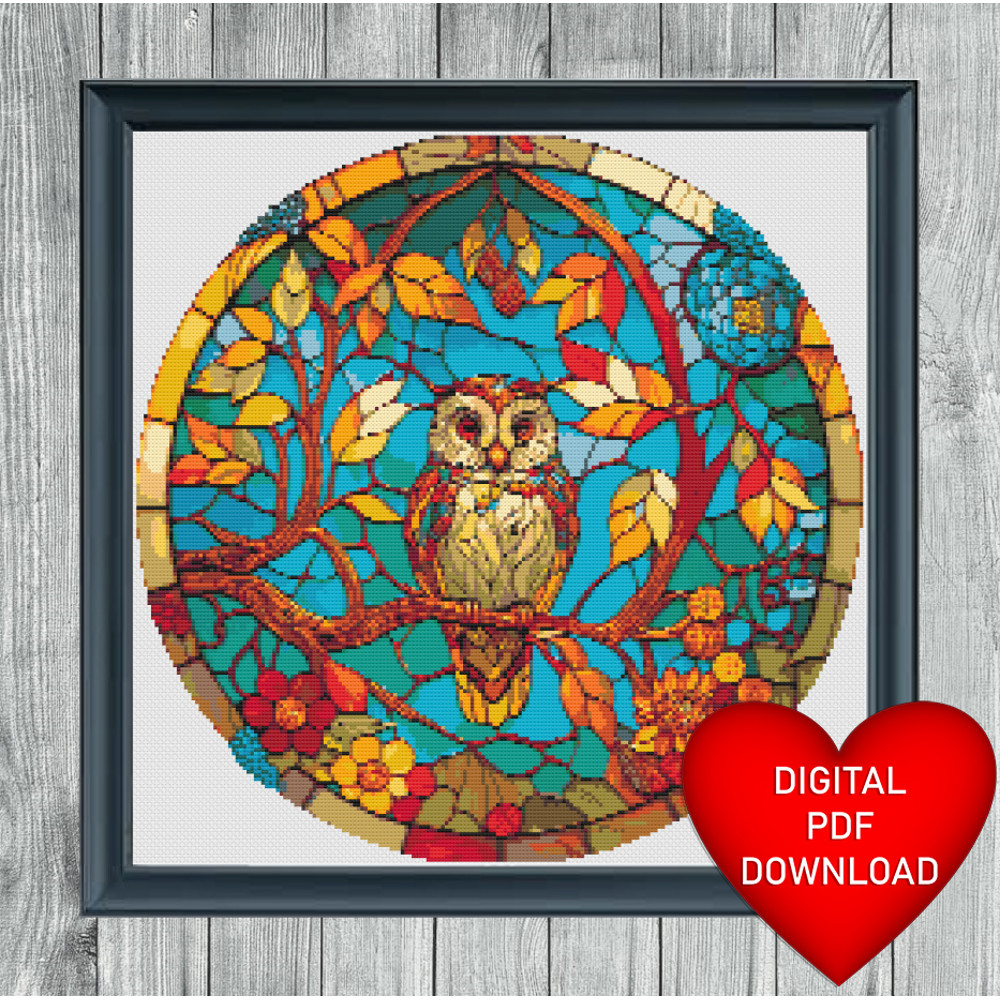 Stained Glass Window Owl Art Cross Stitch Blue Frame Heart.jpg