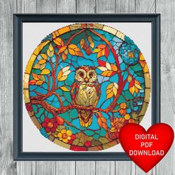 cross stitch pattern owl stained glass window art, instant pdf download, x stitch, embroidery, dmc floss threads, 14ct