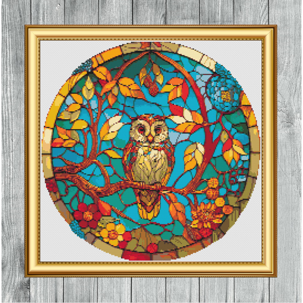 Stained Glass Window Owl Art Cross Stitch Gold Frame.jpg