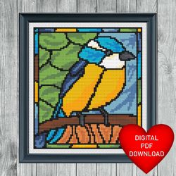 cross stitch pattern, stained glass window style blue tit bird, instant pdf download, x stitch, embroidery, dmc floss