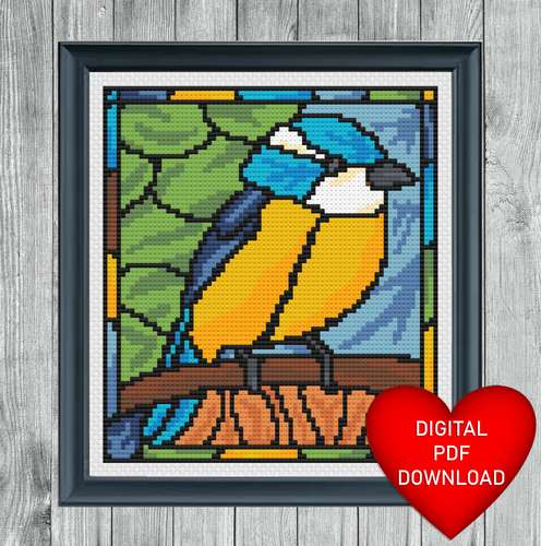 Cross Stitch Pattern, Stained Glass Window Style Blue Tit Bird, Instant PDF Download, X Stitch, Embroidery, DMC Floss