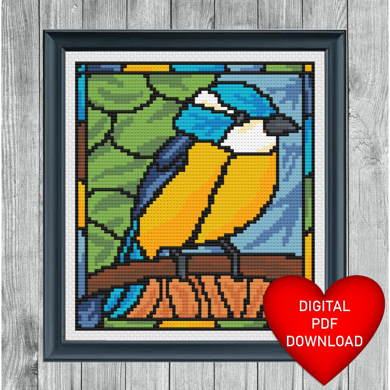 Stained Glass Style Blue Tit Cross Stitch Blue Heart Frame.jpg