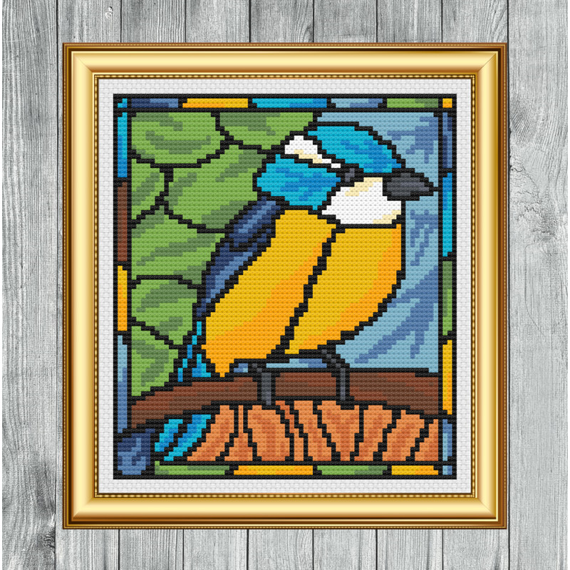 Stained Glass Style Blue Tit Cross Stitch Gold Frame.jpg
