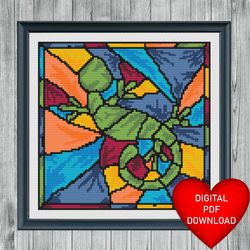 cross stitch pattern, stained glass window style colourful gecko, instant pdf download, x stitching, embroidery, dmc