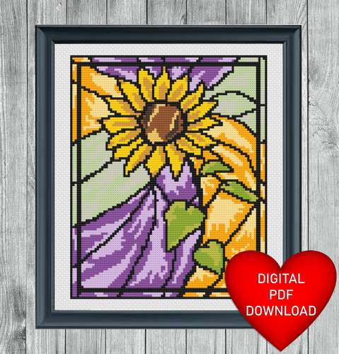 Cross Stitch Pattern, Stained Glass Style Sunflower Stem, Instant PDF Download, X Stitching, Embroidery, DMC Floss
