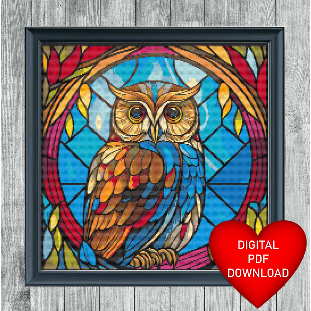 Stained Glass Window Owl Cross Stitch Blue Heart Frame.jpg