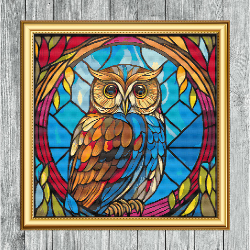 Stained Glass Window Owl Cross Stitch Gold Frame.jpg