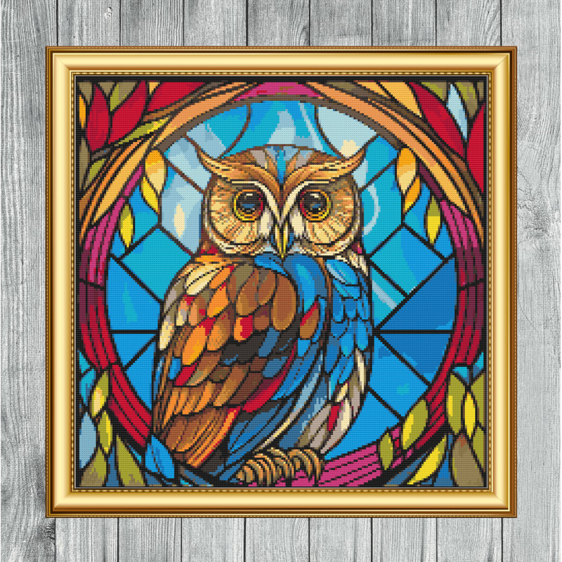 Stained Glass Window Owl Cross Stitch Gold Frame.jpg