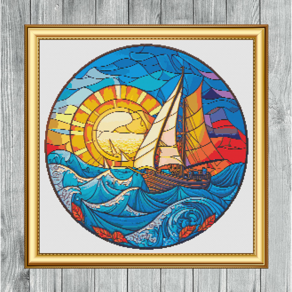 Stained Glass Style Ship on the Sea Cross Stitch Gold Frame.jpg
