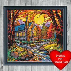 cross stitch pattern, stained glass style church in the woods, instant pdf download, x stitching, 14ct aida, embroidery