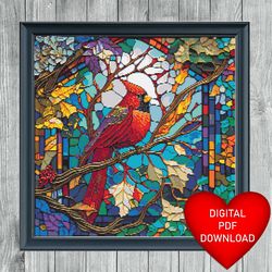 cross stitch pattern cardinal bird stained glass window, instant pdf download, 14ct aida, embroidery, dmc floss threads