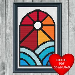 cross stitch pattern, sun water stained glass window, instant pdf download, x stitching, 14ct aida, embroidery, dmc